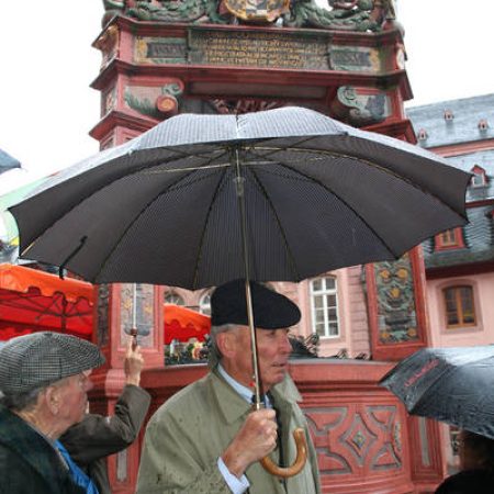 In seiner Führung wies der Vereinsvorsitzende Dr. Günther Schell (Mitte) auch auf den Marktbrunnen, einen der schönsten Renaissancebrunnen Deutschlands hin.